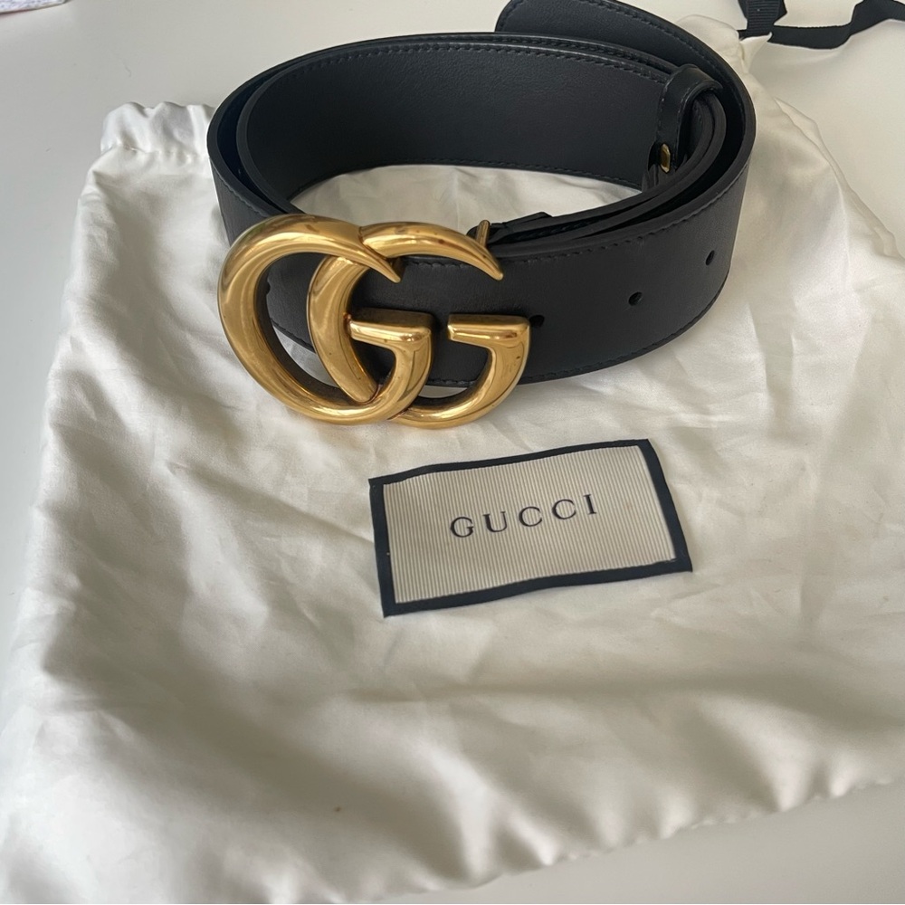 Gucci Black Belt with Gold GG Buckle - Marmont Wide Belt